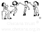 Chetana Logo: illustration of inclusive play- four children have fun together.