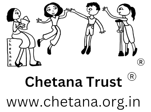 Chetana Logo: illustration of inclusive play- four children have fun together.